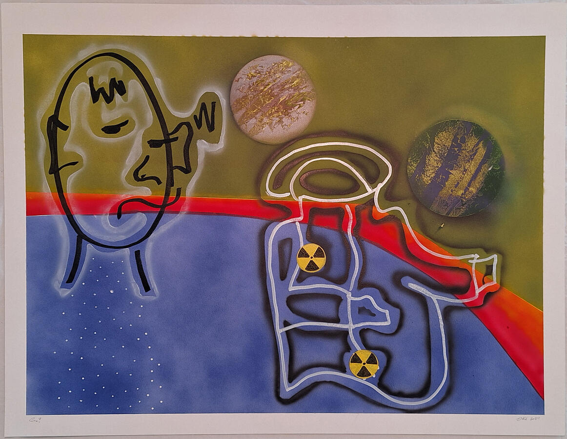 A surrealistic image of a head separated from its body. There are two radiation marks on the body. The background is bands of blue, red, and green with two planets.