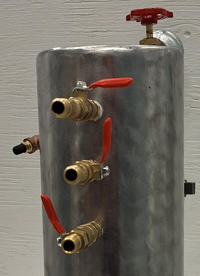 Plumber's Teapot. Sculpture project making a hidden teapot. 2023, steel, iron, brass.