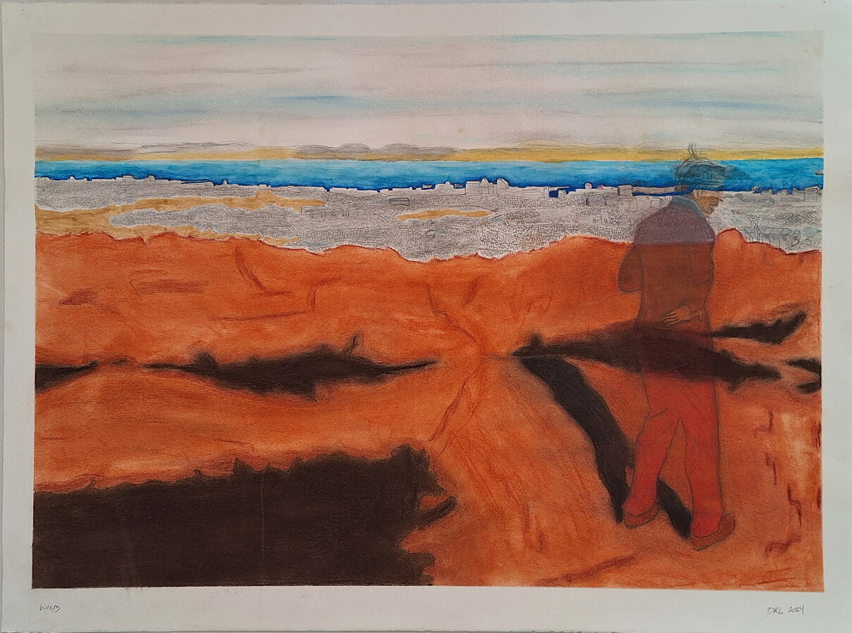 Wind. A view of Edinburgh from Arthur's Seat on a windy day in September. 2024, pastel, pencils, water colour.