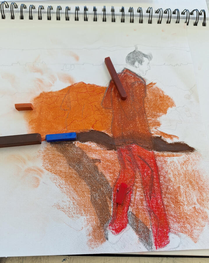 Wind. A view of Edinburgh from Arthur's Seat on a windy day in September. 2024, pastel, pencils, water colour.