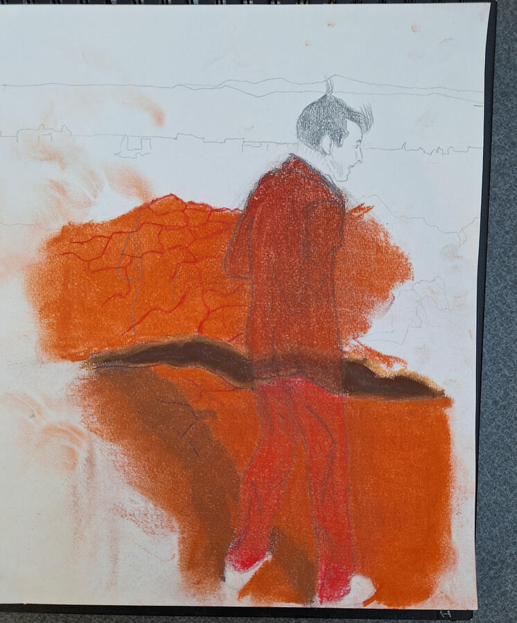 Wind. A view of Edinburgh from Arthur's Seat on a windy day in September. 2024, pastel, pencils, water colour.