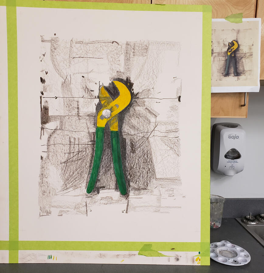 After Jim Dine. A study of one of Jim Dine's tool lithographs in pencil and pastel. 2023, pencil, pastel, water colour.