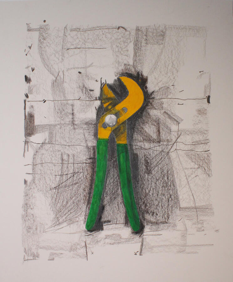 After Jim Dine. A study of one of Jim Dine's tool lithographs in pencil and pastel. 2023, pencil, pastel, water colour.
