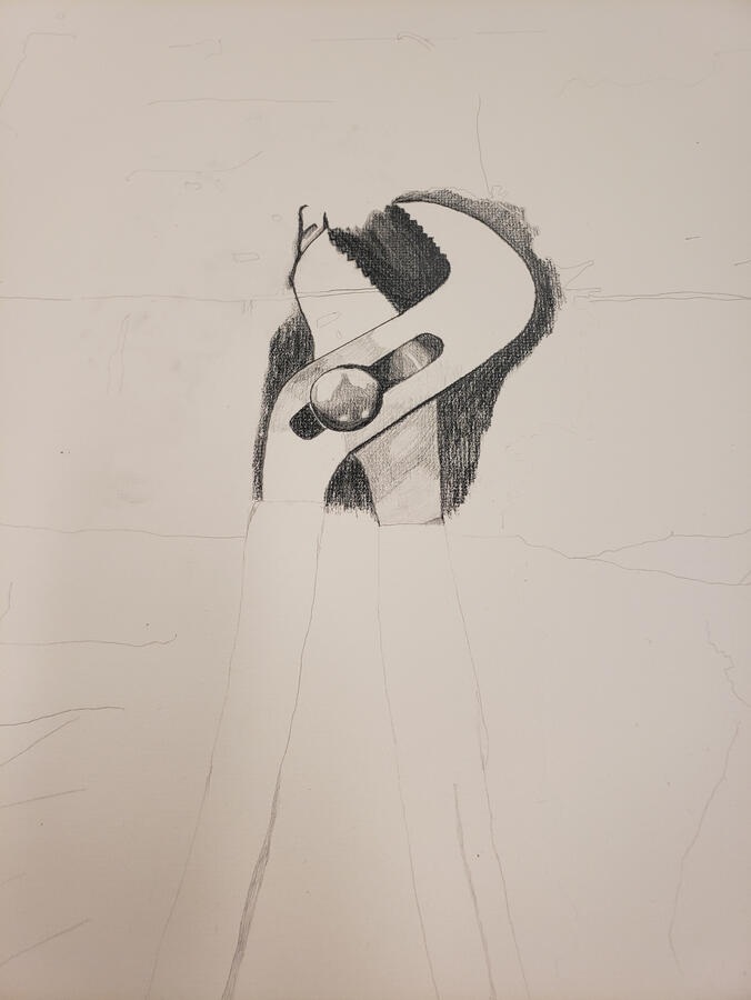 After Jim Dine. A study of one of Jim Dine's tool lithographs in pencil and pastel. 2023, pencil, pastel, water colour.