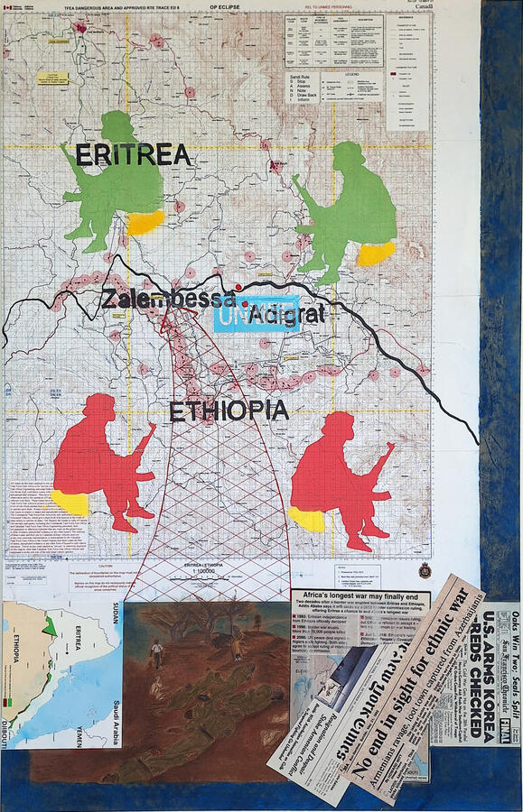 UN/successful. Collage of pastel, ink, stencil, maps.