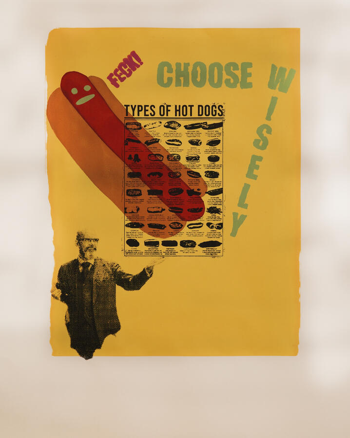 Existential Hot Dog Crisis. 2024, Cut, liquid, and photo stencils. Final print with loose borders.