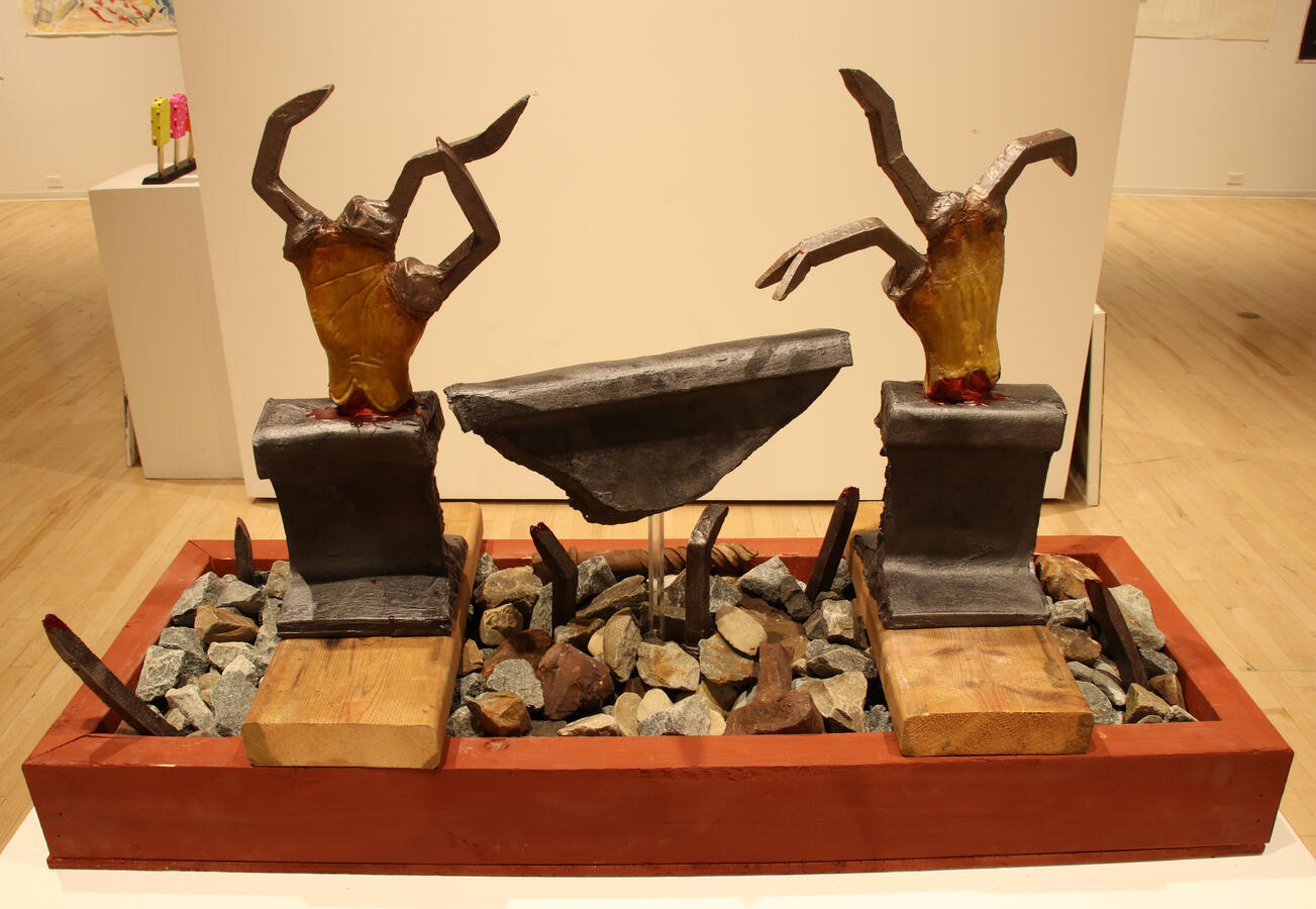 Blood on the Rails. Halloween project. 2023, slip, iron, wood, rock.