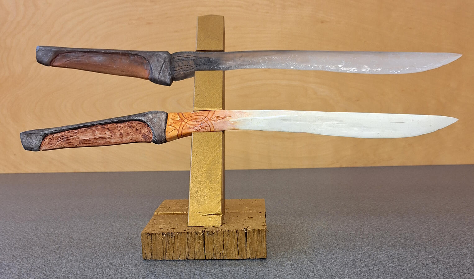 Crysknife from Dune for prop making. 2024, resin castings and wood.