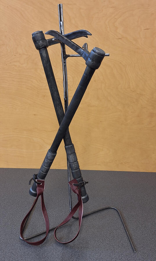 Maker hooks from Dune for prop making. 2024, resin casting, fabric, and wood.